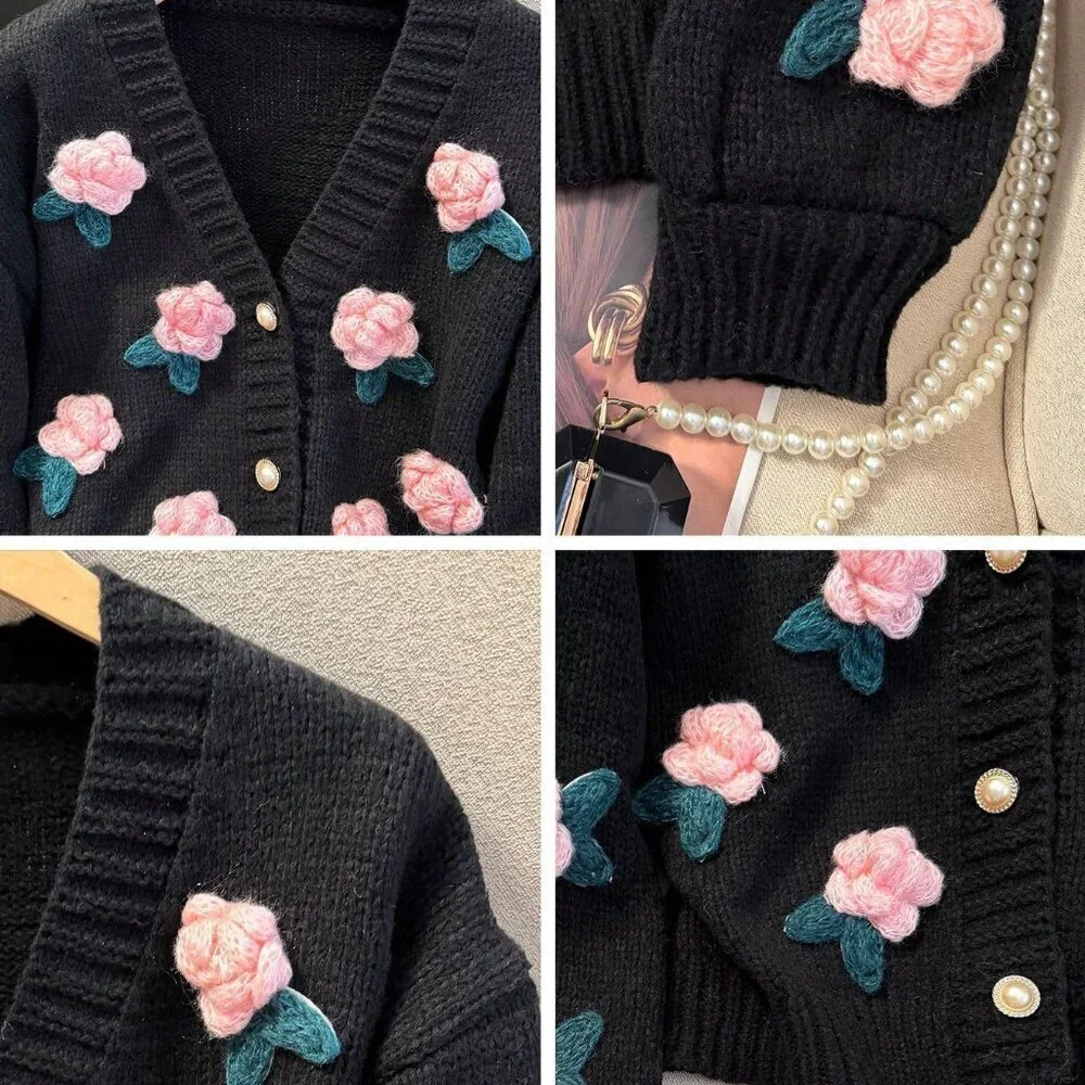 Black Casual Women's 3D Floral Knit Loose Fit Boho Cardigan